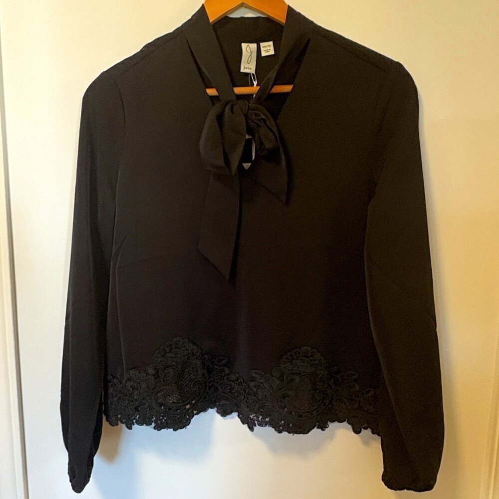 Joie Black Lace Trim Blouse NWT Size XS Long Sleeve Bow